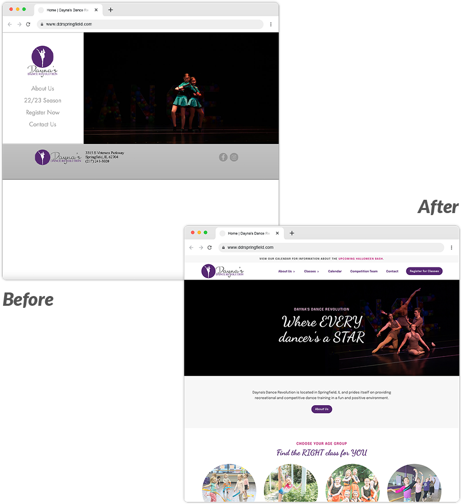 comparison between the old website and the new website homepage