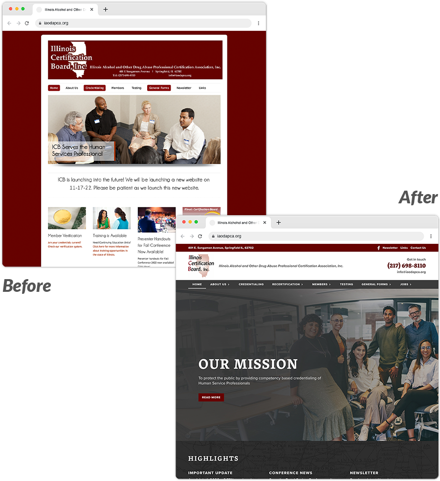 comparison between the old website and the new website homepage